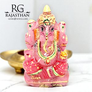 Rajasthan Gems Idol Statue Ganesha Ganesh Figurine Figure Pink Natural Rose Quartz Gem Stone God Hindu Religious Hand Paint Painted Gemstone Gift Handmade Home Decor G940