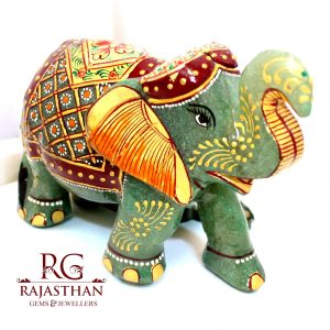 Rajasthan Gems Elephant Statue Figurine Figure Natural Green Aventurine Jade Gem Stone Temple Pooja Murti Hand Paint Painted Gemstone Gift Handmade Home Decor G947