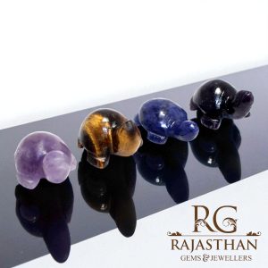 Rajasthan Gems 4pcs Set Tortoise Figurine Fengshui Vaastu Good Luck Fortune Natural Lapis Lazuli Tigers Eye Amethyst Gem Stone Handmade Handcrafted Gift Home Decor G959