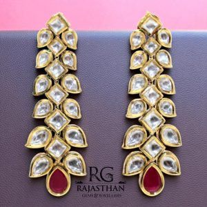 Rajasthan Gems Dangle Earrings Gold Rhodium Alloy Steel Cubic Zirconia Kundan Uncut Polki Stone Enamel Meena Women Handmade Wedding Gift H037