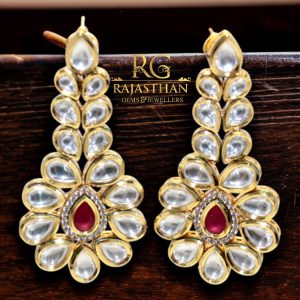 Rajasthan Gems Dangle Earrings Gold Rhodium Alloy Steel Cubic Zirconia Kundan Uncut Polki Stone Enamel Meena Women Handmade Wedding Gift H046