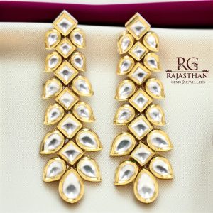 Rajasthan Gems Dangle Earrings Gold Rhodium Alloy Steel Cubic Zirconia Kundan Uncut Polki Stone Enamel Meena Women Handmade Wedding Gift H050