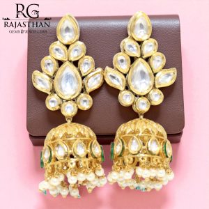 Rajasthan Gems Jhumki Jhumka Earrings Gold Rhodium Alloy Steel Cubic Zirconia Kundan Uncut Polki Stone Meenakari Enamel Women Handmade Wedding Gift H057
