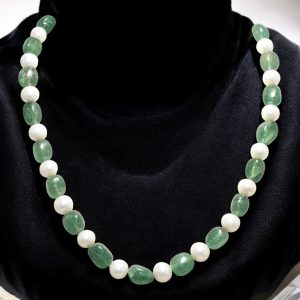 Rajasthan Gems Black Thread Bead Necklace Strand Beaded Natural Green Strawberry Quartz & Freshwater Pearl Gem Stone Gemstone Tumble Beads Tribal Adjustable H160