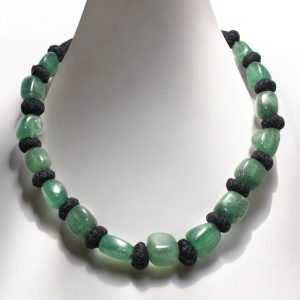 Rajasthan Gems Black Thread Bead Necklace Strand Beaded Natural Green Strawberry Quartz Gem Stone Gemstone Tumble Beads Tribal Adjustable H162