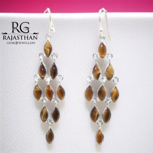 Rajasthan Gems Dangle Earrings 925 Sterling Silver Natural Tigers Eye Gem Stone Handmade Traditional Women Gift H376