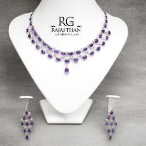 Rajasthan Gems Necklace Earrings Jewellery Set 925 Sterling Silver Natural Amethyst Gem Stone Women Handmade India Gift H381