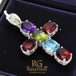 Rajasthan Gems Jesus Cross Pendant 925 Sterling Silver Natural Amethyst Peridot Garnet & Topaz Gem Stone Women Men Unisex Handmade H398