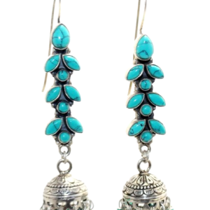 Rajasthan Gems Jhumki Jhumka Earrings 925 Sterling Silver Traditional Tribal Natural Turquoise Gem Stone Handmade Gift Women H475