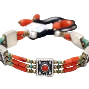 Rajasthan Gems Adjustable Bracelet 925 Sterling Silver Natural Turquoise & Orange Gem Stone Tibetan Nepal Handmade Women Gift H512