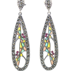 Rajasthan Gems Dangle Earrings 925 Sterling Silver Marcasite & Red Onyx Gem Stone Enamel Meena Work Handmade Women Gift H532