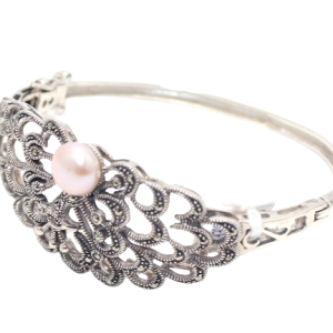 Rajasthan Gems Designer Bracelet Bangle Kada 925 Sterling Silver Womens Marcasite & Freshwater Pearl Stone Handmade Women Gift Openable H540