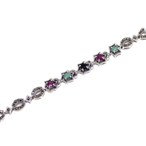 Rajasthan Gems Bracelet 925 Sterling Silver Ruby Emerald Sapphire & Marcasite Gem Stone Women Handmade Gift Designer H666