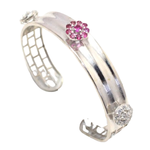Rajasthan Gems Adjustable Bracelet Cuff Bangle Kada 925 Sterling Silver Cubic Zirconia CZ & Natural Ruby Gem Stone Handmade Women H815