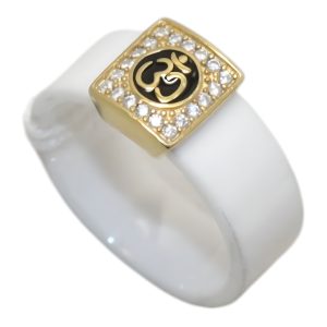 Om Ring 925 Sterling Silver Gold Rhodium Ceramic Band | Cubic Zirconia Stone, Handmade, Men's Ring, Model M0148