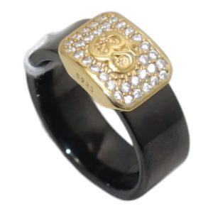 Om Ring 925 Sterling Silver Gold Rhodium Ceramic Band | Cubic Zirconia Stone, Handmade, Men's Ring, Model M0155