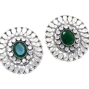 Rajasthan Gems Big Stud Earrings 925 Sterling Silver Green Onyx & Cubic Zirconia CZ Stone Traditional Handmade Women Gift i420